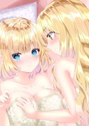 Rule 34 | 2girls, alice margatroid, bad id, bad pixiv id, bare arms, bare shoulders, blonde hair, blue eyes, blush, breasts, cleavage, closed mouth, collarbone, eye contact, highres, kirisame marisa, long hair, looking at another, medium breasts, multiple girls, naked towel, nanase nao, profile, sweat, touhou, towel, wavy mouth, yellow eyes