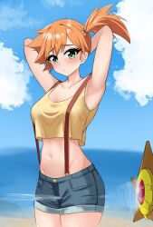 Rule 34 | 1girl, armpits, arms behind head, arms up, asymmetrical hair, bare shoulders, beach, blue sky, blush, breasts, cleavage, closed mouth, cloud, cowboy shot, creatures (company), crop top, day, denim, denim shorts, eyelashes, female focus, game freak, gen 1 pokemon, green eyes, highres, looking at viewer, medium breasts, midriff, misty (pokemon), navel, nintendo, noa-brando, ocean, orange hair, outdoors, pokemon, pokemon (anime), pokemon (classic anime), ponytail, shirt, short hair, short shorts, shorts, side ponytail, sky, sleeveless, sleeveless shirt, smile, solo, standing, staryu, suspenders, swimsuit, tank top, thighs, yellow shirt