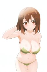 Rule 34 | 1girl, arm behind back, arm behind head, arm up, armpits, bare arms, bare shoulders, bikini, blush, breasts, brown eyes, brown hair, closed mouth, commentary, cowboy shot, gabrieltenma77, green bikini, hair between eyes, highres, hirasawa yui, k-on!, large breasts, legs together, looking at viewer, medium hair, navel, simple background, smile, solo, standing, stomach, strapless, strapless bikini, swimsuit, thigh gap, white background