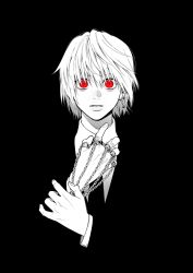 Rule 34 | 1boy, chain, earrings, formal, greyscale, hair between eyes, hand up, highres, hunter x hunter, jacket, jewelry, kurapika, long sleeves, looking at viewer, male focus, monochrome, necktie, red eyes, ring, sano yuuto, shirt, short hair, simple background, single earring, solo, spot color, suit, upper body