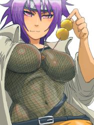 Rule 34 | 1girl, artist request, belt, blush, breasts, coat, covered navel, dango, eating, female focus, fingernails, fishnet top, fishnets, food, forehead protector, hand up, headband, holding, holding food, impossible clothes, impossible shirt, jewelry, konohagakure symbol, large breasts, long hair, long sleeves, looking at viewer, mitarashi anko, mitarashi dango, naruto, naruto (series), navel, pendant, purple eyes, purple hair, shirt, simple background, solo, toned, upper body, wagashi, white background