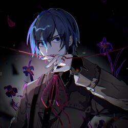 Rule 34 | 1boy, 25-ji kaito, 25-ji nightcord de. (project sekai), blue eyes, blue hair, dark, flower, frilled shirt, frills, grey shirt, hand up, highres, immiscible discord (project sekai), kaito (vocaloid), linch, long sleeves, looking at viewer, male focus, nail polish, petals, project sekai, ribbon, shirt, short hair, solo, string, string of fate, string on pinky, suspenders, vocaloid, wilted flower
