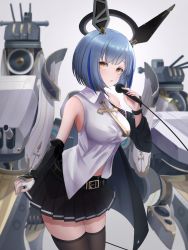 Rule 34 | + +, 1girl, azur lane, bare shoulders, belt, black skirt, black thighhighs, blue hair, blush, breasts, commentary request, detached sleeves, fingerless gloves, floating headgear, gascogne (azur lane), gascogne (muse) (azur lane), gloves, grey background, halo, headgear, higashigure, highres, holding, holding microphone, idol, large breasts, leaning forward, looking at viewer, machinery, mechanical halo, microphone, multicolored hair, open mouth, pleated skirt, purple hair, rigging, shirt, short hair, simple background, single glove, skirt, sleeveless, sleeveless shirt, solo, streaked hair, thighhighs, turret, white gloves, yellow eyes