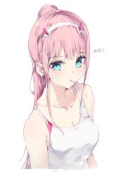 Rule 34 | 10s, 1girl, aqua eyes, bare shoulders, blush, breasts, candy, character name, cleavage, collarbone, competition swimsuit, darling in the franxx, eyeshadow, food, hairband, highres, horns, lollipop, long hair, makeup, medium breasts, mouth hold, one-piece swimsuit, pink hair, pointy ears, ponytail, simple background, solo, swimsuit, tr (hareru), upper body, white background, white hairband, white one-piece swimsuit, zero two (darling in the franxx)
