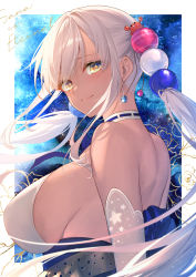 Rule 34 | 1girl, backless outfit, blonde hair, breasts, dark-skinned female, dark skin, elbow gloves, gloves, hair ornament, halterneck, highres, hololive, hololive english, large breasts, light brown hair, long hair, looking at viewer, multicolored hair, planet hair ornament, sideboob, smile, toosaka asagi, tsukumo sana, tsukumo sana (1st costume), twintails, very long hair, virtual youtuber, white hair, yellow eyes