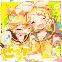 Rule 34 | 1boy, 1girl, anniversary, aqua eyes, ascot, bare shoulders, bass clef, blonde hair, blush, bow, brother and sister, closed eyes, confetti, detached sleeves, fang, hair bow, hair ornament, hairclip, happy, happy birthday, headphones, headset, heart, highres, kagamine len, kagamine rin, laughing, musical note, nail polish, necktie, nokodaru marin, open mouth, sailor collar, scribble, shirt, shooting star, short sleeves, siblings, sleeveless, sleeveless shirt, star (symbol), swept bangs, tearing up, treble clef, twins, vocaloid, yellow background, yellow nails, yellow neckwear