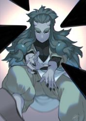Rule 34 | 1boy, black nails, fingernails, foot out of frame, gradient background, green eyes, green hair, highres, horns, long hair, longyan (the legend of luoxiaohei), looking at viewer, luo xiaohei zhanji, nail polish, rkp, sharp fingernails, shoes, short sleeves, solo