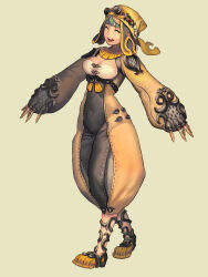 Rule 34 | 1girl, ^ ^, blade &amp; soul, blue eyes, breasts, brown background, claw ring, cleavage, closed eyes, covered navel, derivative work, full body, hat, highres, long sleeves, medium breasts, open mouth, solo, tarte (hodarake), walking, yellow hat