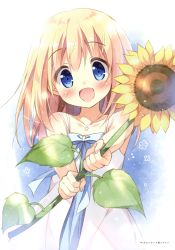 Rule 34 | 1girl, :d, absurdres, blonde hair, blue eyes, blush, collarbone, dress, flower, hair between eyes, head tilt, highres, holding, jewelry, long hair, looking at viewer, necklace, open mouth, original, outstretched arms, pan (mimi), scan, smile, solo, sundress, sunflower, white background, white dress