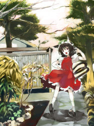 Rule 34 | 1girl, animal ears, brown eyes, brown hair, cat ears, cat girl, cat tail, chen, earrings, female focus, hat, jewelry, multiple tails, nature, outdoors, short hair, sky, solo, tail, touhou