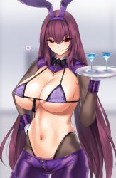Rule 34 | 1girl, animal ears, bikini, bikini top only, breasts, cocktail glass, cropped jacket, cup, drinking glass, fake animal ears, fate/grand order, fate (series), fishnet legwear, fishnets, gachou, heart, highres, holding, holding tray, large breasts, long hair, meme attire, navel, parted lips, purple hair, red eyes, revealing clothes, reverse bunnysuit, reverse outfit, scathach (fate), shrug (clothing), smile, solo, spoken heart, stomach, swimsuit, tray, wrist cuffs, zipper