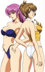 Rule 34 | 1990s (style), 2girls, absurdres, agent aika, aida rion, aika (series), ass, back, back-to-back, blue eyes, bra, breasts, brown hair, bustier, cameltoe, cleavage, collarbone, crotch seam, detached collar, earrings, folded ponytail, hand on own hip, highleg, highleg panties, highres, jewelry, large breasts, lingerie, lipstick, makeup, multiple girls, navel, neena hagen, panties, pink hair, purple bra, purple panties, red lips, retro artstyle, smile, standing, strapless, strapless bra, sumeragi aika, underwear, underwear only, white panties, yamauchi noriyasu
