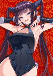 Rule 34 | 1girl, armpits, bare shoulders, black dress, blue eyes, blunt bangs, blush, breasts, cle masahiro, cleavage, covered navel, detached sleeves, dress, fate (series), highres, large breasts, long hair, looking at viewer, open mouth, smile, solo, twintails, very long hair, yang guifei (fate), yang guifei (second ascension) (fate)