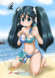 Rule 34 | 10s, 1girl, adapted costume, alternate costume, asymmetrical clothes, bare arms, bare shoulders, beach, bikini, black hair, blue eyes, blush, breasts, commentary request, day, floral print, hair ribbon, isuzu (kancolle), ka-class submarine, kantai collection, large breasts, long hair, looking at viewer, navel, open mouth, ouno (nounai disintegration), ribbon, solo, swimsuit, torn bikini, torn clothes, torn swimsuit, twintails