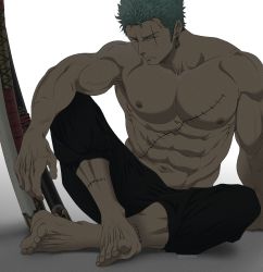 Rule 34 | 1boy, abs, bara, barefoot, black pants, crossed legs, earrings, full body, green hair, head tilt, highres, jewelry, katana, large pectorals, male focus, muscular, muscular male, navel, nipples, one piece, pants, pectorals, pinattsu, roronoa zoro, scar, scar across eye, scar on chest, scar on face, sheath, short hair, sideburns, single earring, sitting, solo, stomach, sword, topless male, veins, veiny hands, weapon