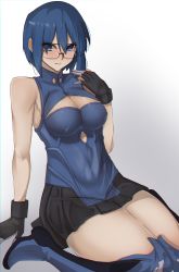 Rule 34 | 1girl, absurdres, bespectacled, black gloves, black skirt, blue eyes, blue footwear, blue hair, blush, boots, breasts, ciel (tsukihime), cleavage, cleavage cutout, clothing cutout, code nt, glasses, gloves, grey background, highres, knee boots, large breasts, looking at viewer, melty blood, powered ciel, semi-rimless eyewear, shiny skin, short hair, sitting, skirt, sleeveless, solo, thick thighs, thighs, tsukihime, tsukihime (remake), under-rim eyewear, wariza