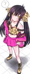 Rule 34 | 1girl, ?, absurdres, animal print, bad id, bad twitter id, bare shoulders, black hair, boots, breasts, cleavage, closed mouth, crop top, cross-laced footwear, eyes visible through hair, frown, groin, hair between eyes, hair ribbon, hands on own hips, highres, idolmaster, idolmaster cinderella girls, lace-up boots, legs apart, leopard print, long hair, long sleeves, matoba risa, miki masao, miniskirt, navel, pink skirt, ribbon, shadow, sidelocks, skirt, small breasts, solo, spoken question mark, standing, strap slip, tank top, twintails, v-shaped eyebrows, yellow eyes