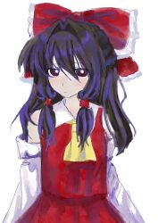 Rule 34 | 1girl, ascot, bingkuaihei, black hair, breasts, bright pupils, chinese commentary, closed mouth, collared shirt, commentary request, cowboy shot, detached sleeves, hair intakes, hair ribbon, hakurei reimu, highres, long hair, red eyes, red ribbon, red skirt, red vest, ribbon, shirt, simple background, skirt, small breasts, solo, touhou, vest, white background, white pupils, white shirt, white sleeves, yellow ascot