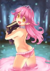 Rule 34 | 1girl, :d, absurdres, ass, back, blurry, blush, book, hugging book, breast press, breasts, butt crack, cleavage, cowboy shot, crossed arms, depth of field, eyebrows, fang, fireflies, flipped hair, forest, frilled panties, frills, from side, gem, genkai tokki monster monpiece, glowing, happy, head tilt, highres, holding, holding book, inou shin, jewelry, large breasts, long hair, looking at viewer, looking back, lowleg, monster girl, nature, neck ring, night, hugging object, official art, open mouth, outdoors, panties, panties only, parted bangs, pink hair, pink panties, pointy ears, scan, slime (genkai tokki monster monpiece), slime (substance), slime girl, smile, solo, standing, tiara, topfreedom, topless, transformation, tree, underwear, underwear only, wading, water, wavy hair, yellow eyes