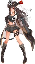 Rule 34 | 1girl, black hair, black skirt, boots, breasts, cannon, full body, hand on own hip, hat, high heel boots, high heels, jewelry, large breasts, midriff, multicolored hair, navel, necklace, official art, oshiro project:re, oshiro project:re, pirate hat, pleated skirt, red eyes, skirt, solo, takanashi kei (hitsujikan), tan, toba (oshiro project), transparent background, white hair