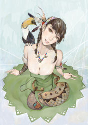 Rule 34 | 1girl, amatiz, animal, animal on shoulder, armband, bad id, bad pixiv id, bag, bare shoulders, bird, bird on shoulder, black hair, bracelet, braid, breasts, brown eyes, cleavage, downblouse, dress, covered erect nipples, feathers, from above, hair ornament, hair over shoulder, hairband, jewelry, large breasts, lipstick, looking up, makeup, necklace, open mouth, original, ring, short twintails, skirt, smile, solo, toucan, twin braids, twintails
