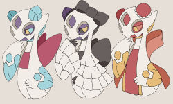 Rule 34 | alternate eye color, back bow, black bow, black sclera, blue eyes, bow, bun cover, colored sclera, creatures (company), crystal, frilled sleeves, frills, froslass, full body, game freak, gen 4 pokemon, grey background, hair bow, half-closed eyes, hand up, looking to the side, multiple views, nintendo, no humans, pokemon, pokemon (creature), red bow, sash, simple background, yellow eyes, yellow sclera, yukifuri tsuyu
