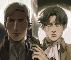Rule 34 | 2boys, ascot, blood, blood on clothes, blood on face, blue eyes, brown coat, brown jacket, closed mouth, coat, collared shirt, crying, crying with eyes open, erwin smith, holding, holding weapon, jacket, levi (shingeki no kyojin), male focus, multiple boys, shingeki no kyojin, shirt, streaming tears, tears, thisuserisalive, weapon, white ascot, white shirt