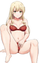 Rule 34 | 1girl, absurdres, bare shoulders, barefoot, blonde hair, blush, bow, bow bra, bow panties, bra, breasts, closed mouth, collarbone, drill hair, feet, green eyes, hand on own crotch, highres, inanaki shiki, knees, lace, lace-trimmed bra, lace panties, lace trim, legs apart, long hair, looking at viewer, medium breasts, miura yumiko, navel, panties, partially visible vulva, red bra, red panties, simple background, sitting, solo, underwear, underwear only, wavy mouth, white background, yahari ore no seishun lovecome wa machigatteiru.