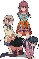 Rule 34 | 3girls, all fours, black thighhighs, crossed arms, dry humping, hand on another&#039;s ass, humping, idolmaster, idolmaster shiny colors, komiya kaho, long sleeves, looking at another, mayuzumi fuyuko, motion lines, multiple girls, no shoes, ogasawara, plaid, plaid skirt, pleated skirt, school uniform, serizawa asahi, simple background, skirt, thighhighs, v-shaped eyebrows, white background, yuri