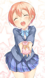 Rule 34 | 10s, 1girl, :d, ^ ^, blazer, blush, brown hair, closed eyes, closed eyes, gift, giving, hoshizora rin, incoming gift, jacket, love live!, love live! school idol project, mikage sekizai, open mouth, religious offering, school uniform, short hair, skirt, smile, solo, valentine