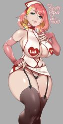 Rule 34 | 1girl, 2021, agawa ryou, bare shoulders, blonde hair, blue eyes, breasts, dated, fingerless gloves, gloves, grey background, large breasts, looking at viewer, naughty face, nurse, original, pink gloves, red hair, short hair, simple background, smile, solo, thick thighs, thighs, underboob, wide hips