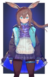 Rule 34 | 1girl, amiya (arknights), animal ears, arknights, ascot, black coat, black pantyhose, blue eyes, border, brown hair, coat, commentary, cowboy shot, frilled ascot, frills, frown, highres, jewelry, legs apart, long hair, long sleeves, multiple rings, pantyhose, plaid, plaid skirt, pleated skirt, ponytail, purple ascot, purple background, purple skirt, rabbit ears, ring, skirt, sleeves past wrists, solo, sorotu, sweater, thigh strap, v-shaped eyebrows, white border, white sweater