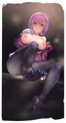 Rule 34 | 10s, 1girl, ass, breasts, feet, gridman universe, hand on own cheek, hand on own face, highres, kakumayu, large breasts, looking at viewer, nipples, no shoes, off shoulder, open clothes, pantyhose, parted lips, purple hair, pussy, pussy peek, red eyes, school uniform, shinjou akane, short hair, sitting, sleeves past wrists, smile, solo, ssss.gridman, toes
