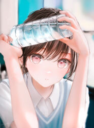 Rule 34 | 1girl, blue sweater vest, bottle, brown hair, highres, holding, holding bottle, indoors, looking at viewer, ojay tkym, original, parted lips, red eyes, school uniform, shirt, short hair, short sleeves, signature, solo, sweater vest, water bottle, white shirt