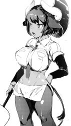 Rule 34 | 10s, 1girl, absurdres, animal ears, aurochs (kemono friends), breast pocket, breasts, collared shirt, cow ears, cow horns, cow tail, crop top, cropped shirt, dark-skinned female, dark skin, glaive (polearm), greyscale, hand on own hip, highres, hiranko, holding, holding weapon, horns, kemono friends, large breasts, layered sleeves, long sleeves, looking to the side, midriff, monochrome, necktie, open mouth, pantyhose, pocket, polearm, shirt, short hair, short over long sleeves, short sleeves, solo, standing, stomach, tail, weapon, wing collar