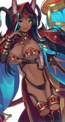Rule 34 | 1girl, animal ears, aqua eyes, breasts, bridal gauntlets, cleavage, commentary request, dark skin, dark-skinned female, ears through headwear, fang, fate/grand order, fate (series), finger to face, fur trim, gem, head chain, highres, hood, horns, jewelry, large breasts, long hair, looking at viewer, navel, open mouth, queen of sheba (fate), simple background, smile, solo, sukebewe, white background