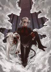 Rule 34 | 2girls, amputee, black horns, black jacket, black pants, blood, blood on clothes, blood splatter, cane, carrying, casual suit, closed mouth, coat, colored skin, commentary request, demon girl, demon horns, demon tail, english text, formal, gloves, grey hair, helltaker, highres, horns, injury, jacket, jacket on shoulders, justice (helltaker), lab coat, light smile, long hair, looking to the side, loremaster (helltaker), medium hair, missing limb, multiple girls, necktie, pants, parted lips, princess carry, red gloves, red shirt, ringed eyes, root 12047841, shirt, smoke, suit, sunglasses, tail, unconscious, very long hair, walking, white hair, white skin