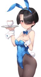 Rule 34 | 1girl, angry, animal ears, bare shoulders, black hair, blue leotard, blunt bangs, blush, breasts, brown eyes, brown pantyhose, cleavage, closed mouth, commentary request, cup, earrings, fake animal ears, girls und panzer, girls und panzer saishuushou, highleg, highleg leotard, highres, jewelry, kuzuryuu kennosuke, large breasts, leotard, looking at viewer, pantyhose, playboy bunny, rabbit ears, rabbit tail, short hair, simple background, solo, standing, sweat, tail, teacup, tray, vanilla (girls und panzer), white background, wrist cuffs