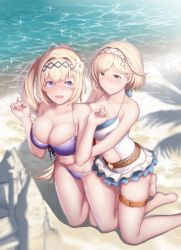 Rule 34 | 2girls, alternate breast size, alternate costume, bare shoulders, beach, bikini, bikini skirt, blonde hair, blue eyes, blush, breasts, brown eyes, cementite, cleavage, clothing cutout, collarbone, commentary request, day, djeeta (granblue fantasy), djeeta (summer) (granblue fantasy), embarrassed, feather hair ornament, feathers, flower, from above, front-tie bikini top, front-tie top, full body, granblue fantasy, hair between eyes, hair flower, hair ornament, hair ribbon, hairband, highres, hug, hug from behind, implied yuri, jeanne d&#039;arc (granblue fantasy), large breasts, long hair, looking at another, medium breasts, multiple girls, navel, navel cutout, one-piece swimsuit, open mouth, ponytail, purple bikini, ribbon, short hair, side-tie bikini bottom, sidelocks, swimsuit, thigh strap, thighs, white flower, white one-piece swimsuit