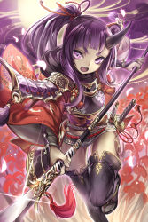 Rule 34 | &gt;:o, 10s, 1girl, :o, armor, chain chronicle, fang, field, flower, flower field, flower request, full moon, glint, highres, holding, holding weapon, horns, japanese clothes, long hair, looking at viewer, moon, naginata, oni, original, petals, polearm, ponytail, purple eyes, purple hair, running, sandals, sheath, sheathed, sidelocks, single horn, solo, sword, tabi, tassel, teeth, thick eyebrows, thighhighs, v-shaped eyebrows, vambraces, weapon, wide sleeves, yoshimo (yoshimo1516)