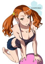Rule 34 | 10s, 1girl, anjou naruko, ano hi mita hana no namae wo bokutachi wa mada shiranai., asymmetrical bangs, ball, bare shoulders, barefoot, black tank top, blush, bracelet, breasts, breasts squeezed together, butt crack, cleavage, earrings, feet, female focus, from above, groin, jewelry, kneeling, large breasts, legs, light blush, looking at viewer, matching hair/eyes, medium breasts, midriff, orange eyes, orange hair, parted lips, short shorts, shorts, simple background, solo, source request, suna (sandworks), tank top, thighs, twintails, white background