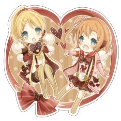 Rule 34 | 10s, 2girls, :d, angel wings, armband, ayase eli, bad id, bad pixiv id, blonde hair, blue eyes, bow, candy, chibi, chocolate, chocolate heart, clothes writing, food, hair bow, happy valentine, headset, heart, jacket, kneehighs, kosaka honoka, long sleeves, looking at viewer, love live!, love live! school idol festival, love live! school idol project, momoon karin, multiple girls, no shoes, one side up, open mouth, orange hair, ponytail, ribbon, scrunchie, skirt, smile, socks, striped clothes, striped legwear, striped socks, striped thighhighs, suspender skirt, suspenders, thighhighs, valentine, vertical-striped clothes, vertical-striped legwear, vertical-striped socks, vertical-striped thighhighs, wings