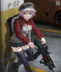 Rule 34 | 1girl, alternate costume, assault rifle, beret, black footwear, black hat, black skirt, black thighhighs, blue eyes, braid, car, commentary request, commission, girls&#039; frontline, grey hair, gun, hair ornament, hairclip, hat, highres, holding, holding gun, holding weapon, jacket, kalashnikov rifle, long hair, long sleeves, looking at viewer, miniskirt, motor vehicle, multicolored clothes, multicolored jacket, ots-12 (girls&#039; frontline), ots-12 tiss, pixiv commission, pleated skirt, red jacket, rifle, shoes, skirt, sneakers, solo, standing, star-shaped pupils, star (symbol), symbol-shaped pupils, thighhighs, tom-neko (zamudo akiyuki), trigger discipline, two-tone jacket, weapon, wheel, white jacket
