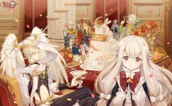 Rule 34 | 1girl, 5boys, absurdres, angel wings, arrow (projectile), blonde hair, bouquet, bow, bullying, cake, candy cane (food fantasy), cape, croissant (food fantasy), cup, feathered wings, fish and chips (food fantasy), flower, food, food fantasy, formal, glasses, gloves, halo, hat, high collar, highres, long hair, martini (food fantasy), military, military uniform, muenchner weisswurst (food fantasy), multiple boys, orange hair, pointy ears, poncho, red eyes, suit, table, teacup, tequila (food fantasy), uniform, white hair, white suit, white wings, wings
