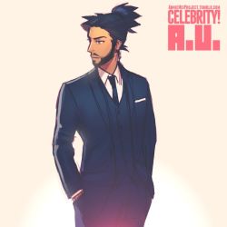 Rule 34 | 1boy, annie mei project, beard, black hair, blue eyes, caleb thomas, facial hair, formal, hands in pockets, male focus, necktie, original, rin (annie mei project), sideburns, solo, suit, topknot, vest