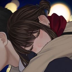 Rule 34 | 1boy, 1girl, black hair, blazer, brown hair, carrying, close-up, closed eyes, commentary, douki-chan (douki-chan), douki-kun (douki-chan), earrings, from side, ganbare douki-chan, highres, jacket, jewelry, long sleeves, piggyback, red scarf, scarf, sidelocks, smile, solo focus, yomu (sgt epper)