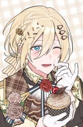 Rule 34 | 1boy, alternate costume, bishounen, black shirt, blonde hair, blue eyes, blush, bow, braid, brown rose, cupcake, ear piercing, ensemble stars!, flower, food, gloves, holding, holding food, light brown background, long sleeves, looking at viewer, low ponytail, male focus, multicolored background, one eye closed, open mouth, piercing, pink flower, pink rose, rose, shirt, smile, solo, striped, striped bow, teeth, tenshouin eichi, vest, white background, white gloves, white vest, xpstydlsrkddlcl