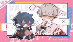 Rule 34 | 2boys, arknights, black coat, blue eyes, blue hair, blush, chocolate, coat, faust (arknights), green eyes, heart, holding, holding letter, jacket, letter, long sleeves, mephisto (arknights), multiple boys, pink pupils, south ac, speech bubble, sweat, white hair, white jacket, yaoi