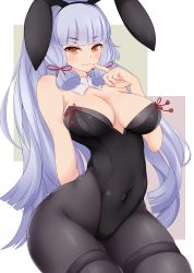 Rule 34 | 10s, 1girl, animal ears, bare shoulders, black pantyhose, blunt bangs, blush, breasts, brown eyes, cleavage, covered navel, curvy, fake animal ears, finger to mouth, hair ribbon, hairband, highres, kantai collection, large breasts, leotard, light purple hair, long hair, looking at viewer, md5 mismatch, murakumo (kancolle), orange eyes, pantyhose, playboy bunny, rabbit ears, red ribbon, resolution mismatch, ribbon, smile, solo, source smaller, suiren (mystia6b), tress ribbon, wide hips
