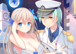 Rule 34 | 1boy, 1girl, absurdres, admiral (warship girls r), alternate breast size, badge, black necktie, blue bow, blue eyes, blue shirt, blush, bow, braid, breasts, building, buttons, carrying, cleavage, clock, clock tower, closed mouth, coat, collarbone, dress, earrings, epaulettes, full moon, gloves, green hair, grey dress, grey hair, hair between eyes, hair ornament, hairband, hand on own head, hand up, hat, highres, jewelry, jyt, large breasts, lexington (cv-16) (warship girls r), light, light smile, long hair, looking away, mole, mole under mouth, moon, necktie, night, night sky, open mouth, peaked cap, princess carry, shirt, short hair, sky, sleeveless, sleeveless dress, smile, star (sky), starry sky, striped clothes, striped shirt, tower, uniform, warship girls r, white coat, white gloves, white hat, yellow eyes